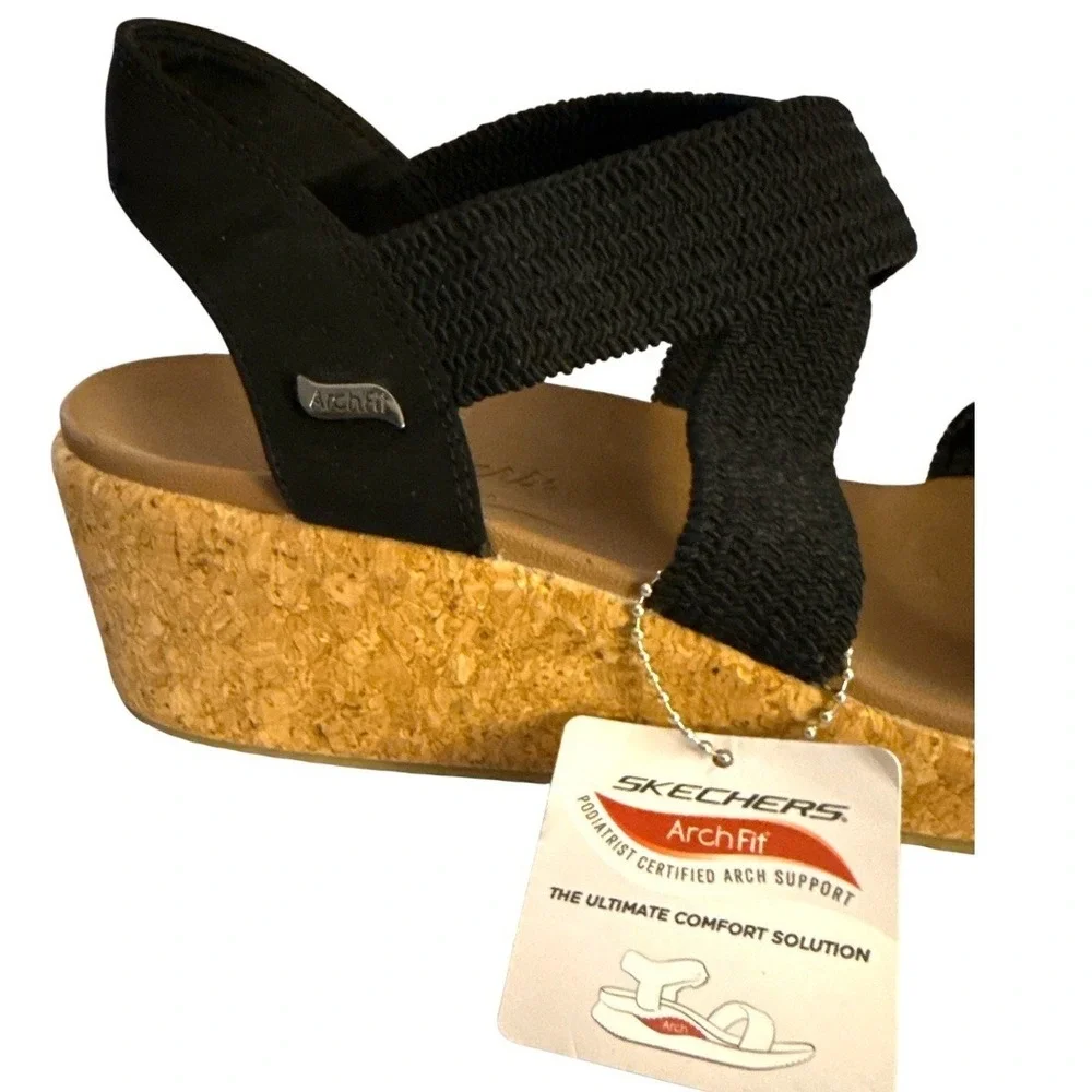 Skechers Black Elastic Strap Cork Wedge Sandals